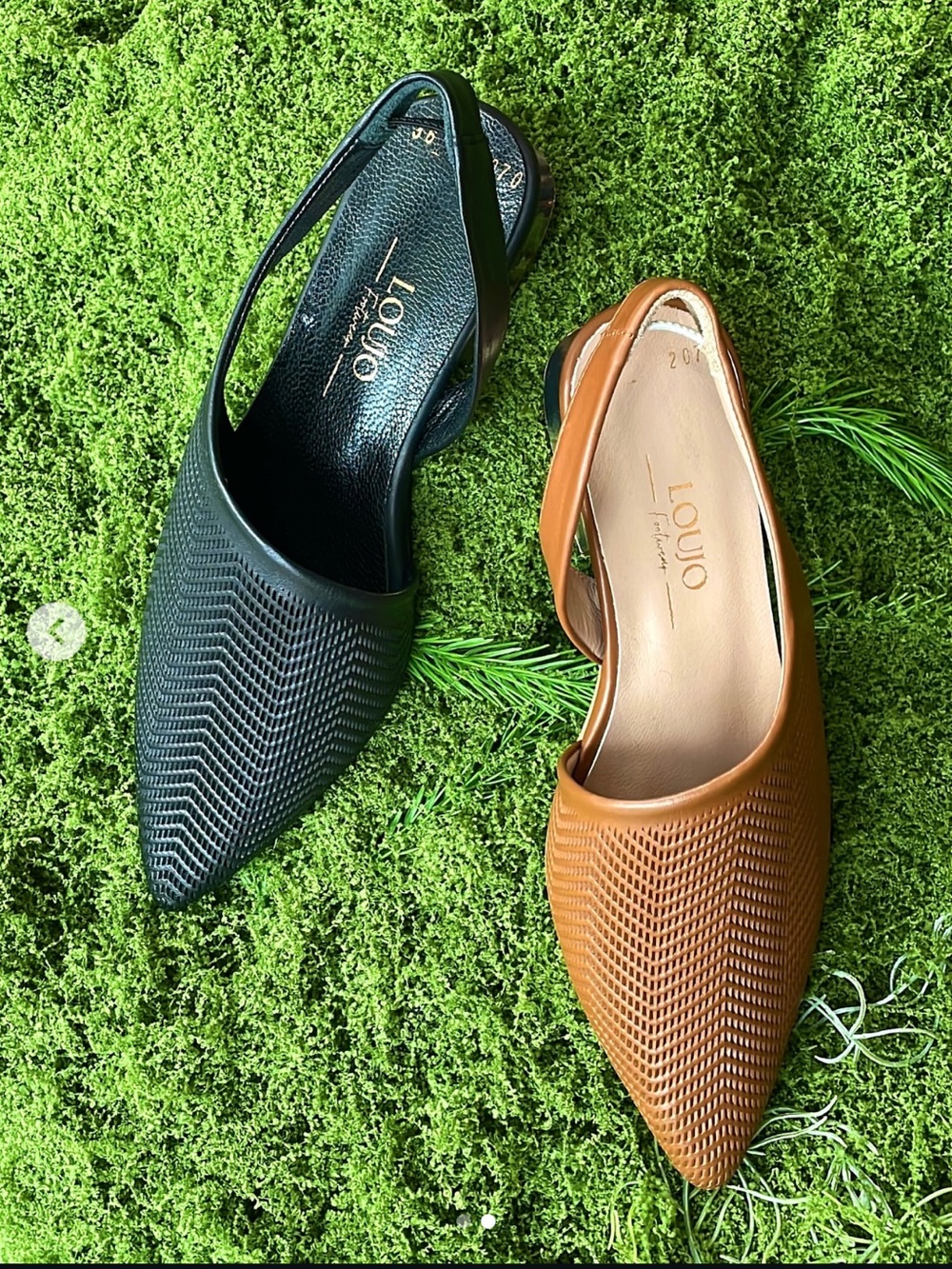 LOUJO Black Leather Perforated Flats with Silver Heels